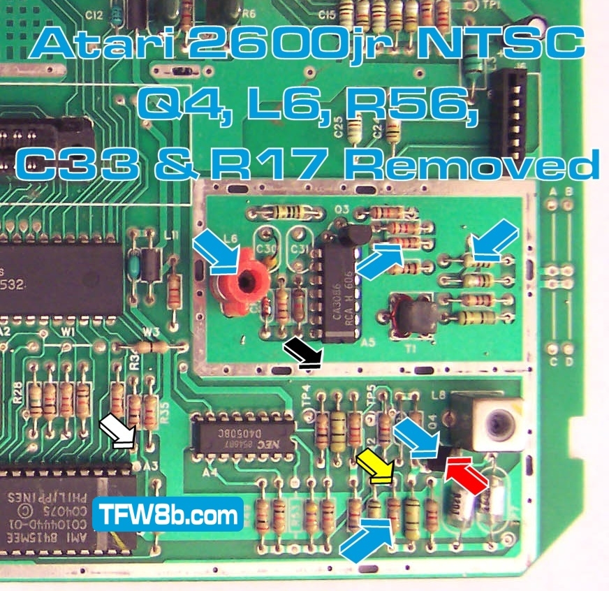 TFW8b - Deluxe Composite Mod - Atari 2600JR NTSC - Q4, L6, R56, C33 & R17 Removed