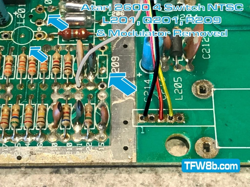 TFW8b Deluxe Composite Mod - Atari 2600 4 Switch NTSC - L201, Q201, R209 & Modulator Removed