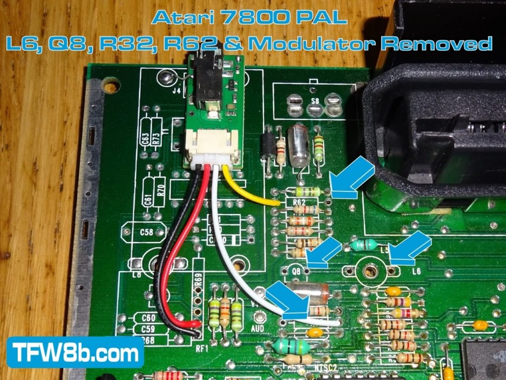 TFW8b Deluxe Composite Mod - Atari 7800 PAL - L6, Q8, R32, R62 & Modulator Removed
