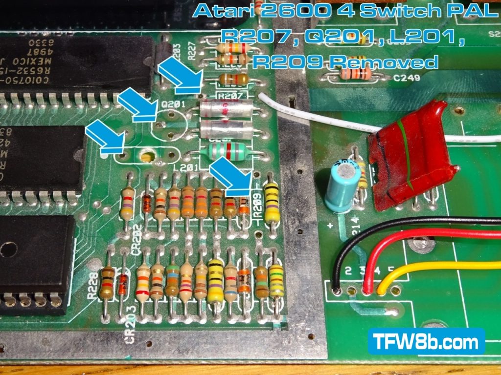 TFW8b - Deluxe Composite Mod - Atari 2600 - 4 Switch PAL - R207, Q201, L201 & R209 Removed