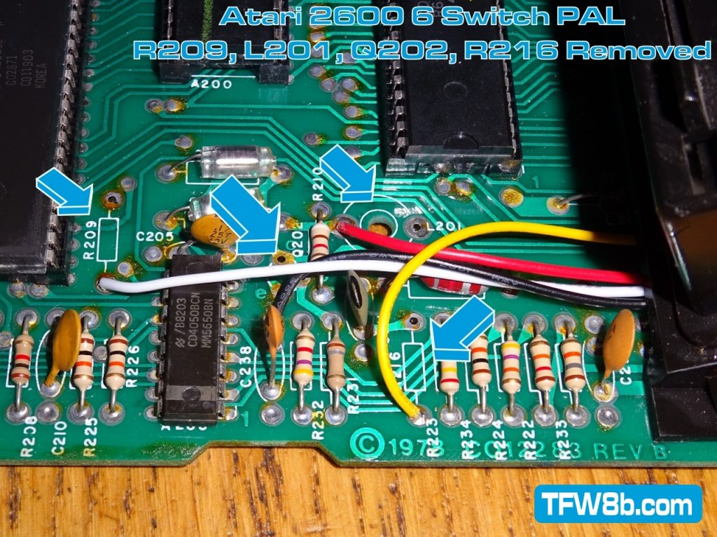 TFW8b - Deluxe Composite Mod Atari 2600 - 6 Switch PAL -R209, L201, Q202 & R216 Removed